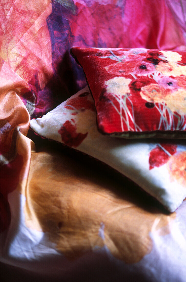Hand printed silk cushions and shawl