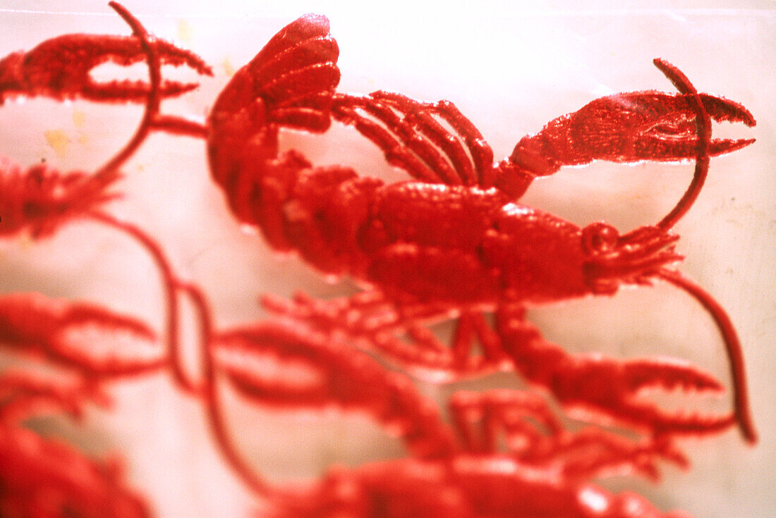 Close up of red silvery embossed paper shrimp decorations