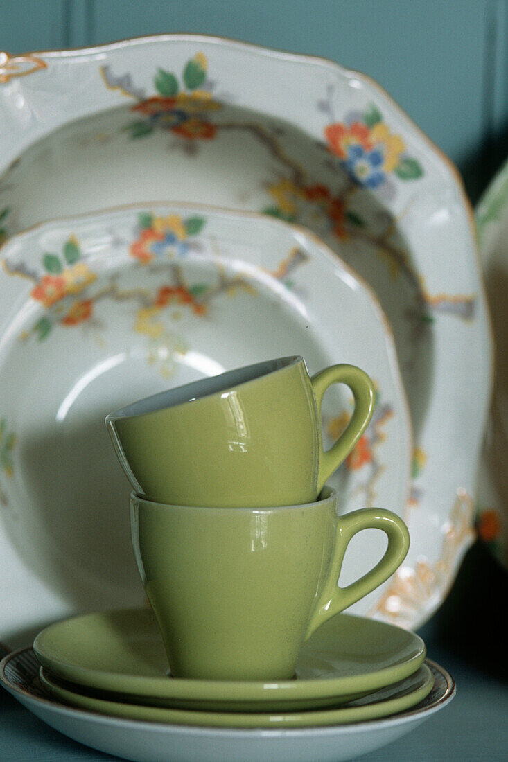 Display of vintage cups saucers and plates