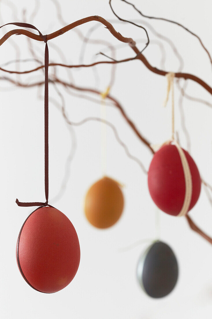 Decorated Easter Eggs tied with ribbon