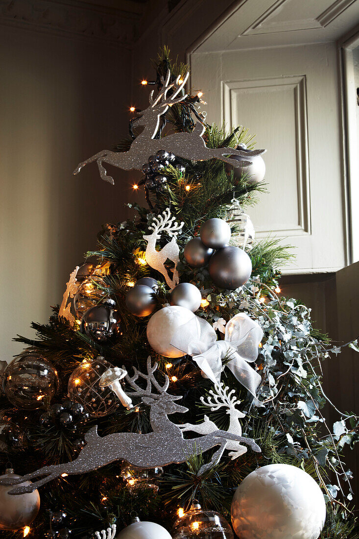 Christmas tree detail with decorations and fairylights