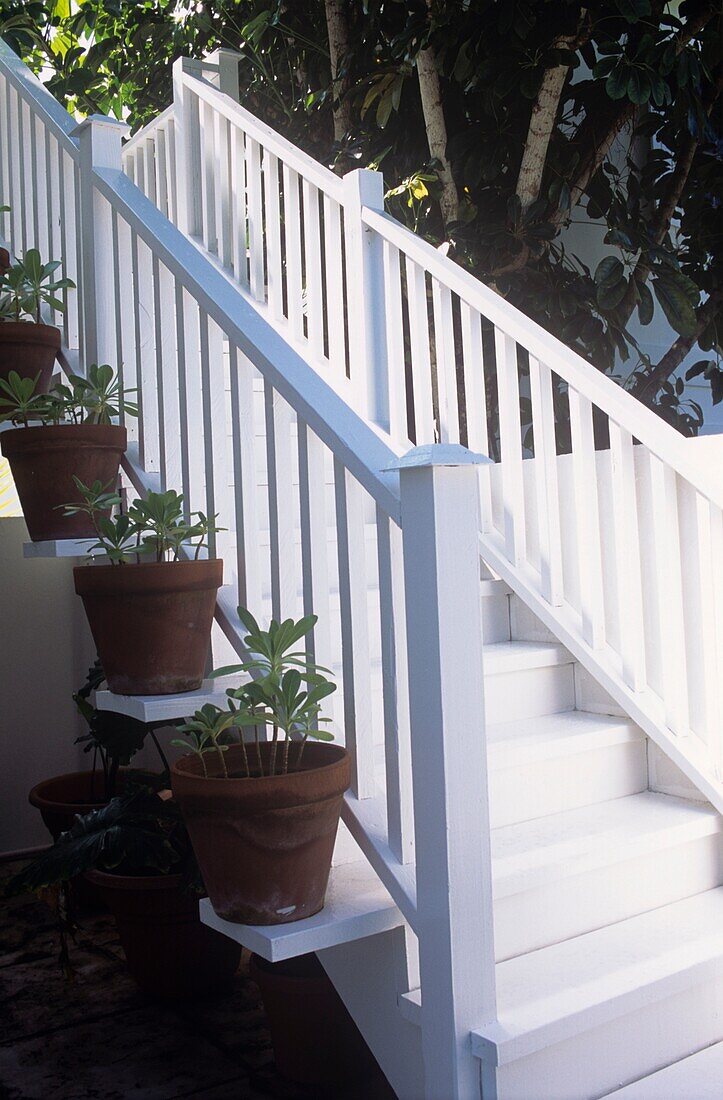 White wooden stairs with balustrade outside house