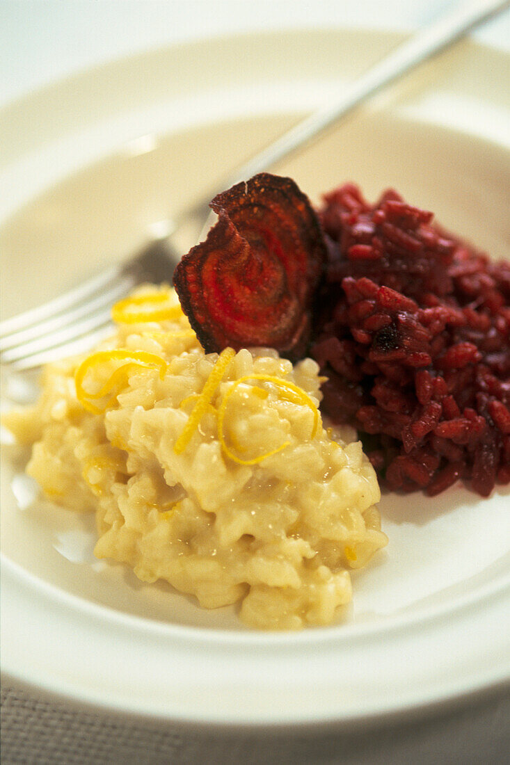 Lemon and beetroot risottos