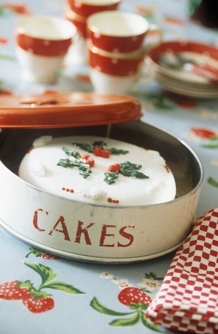 Christmas cake in metal box