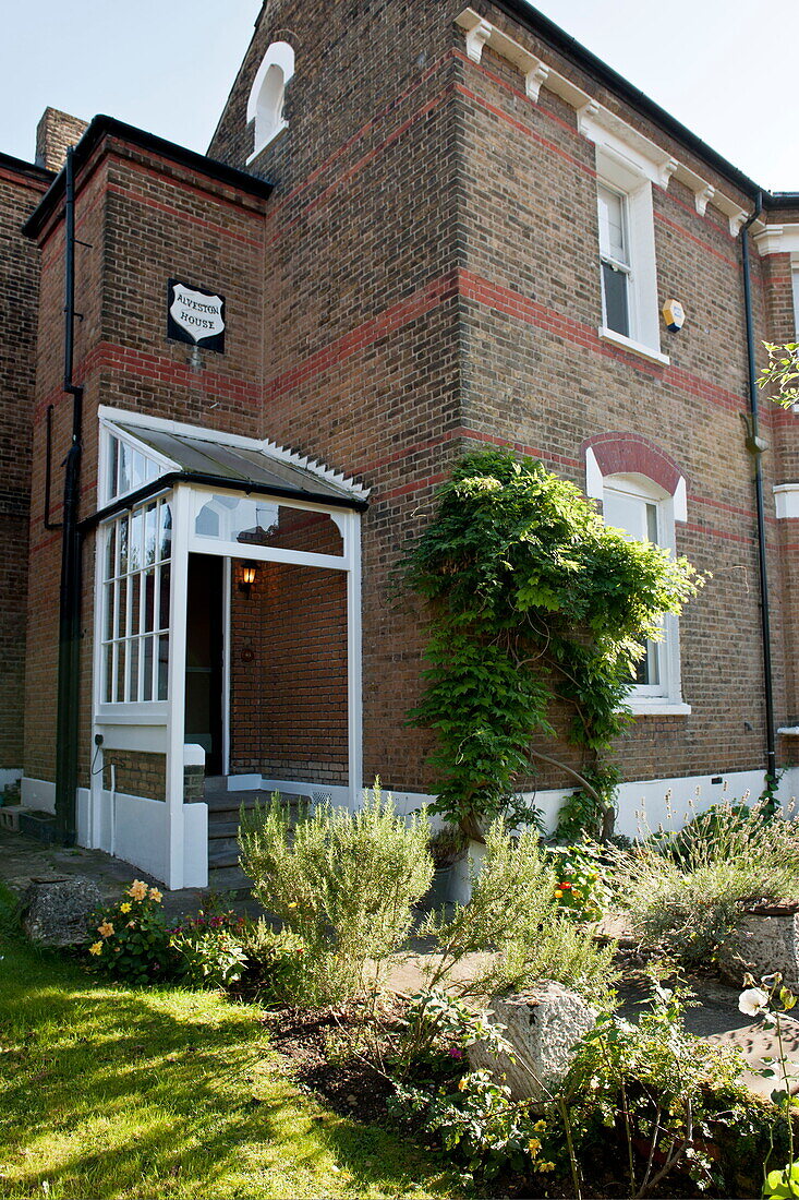 Brick exterior with porchway,  Greenwich home,  London,  England,  UK