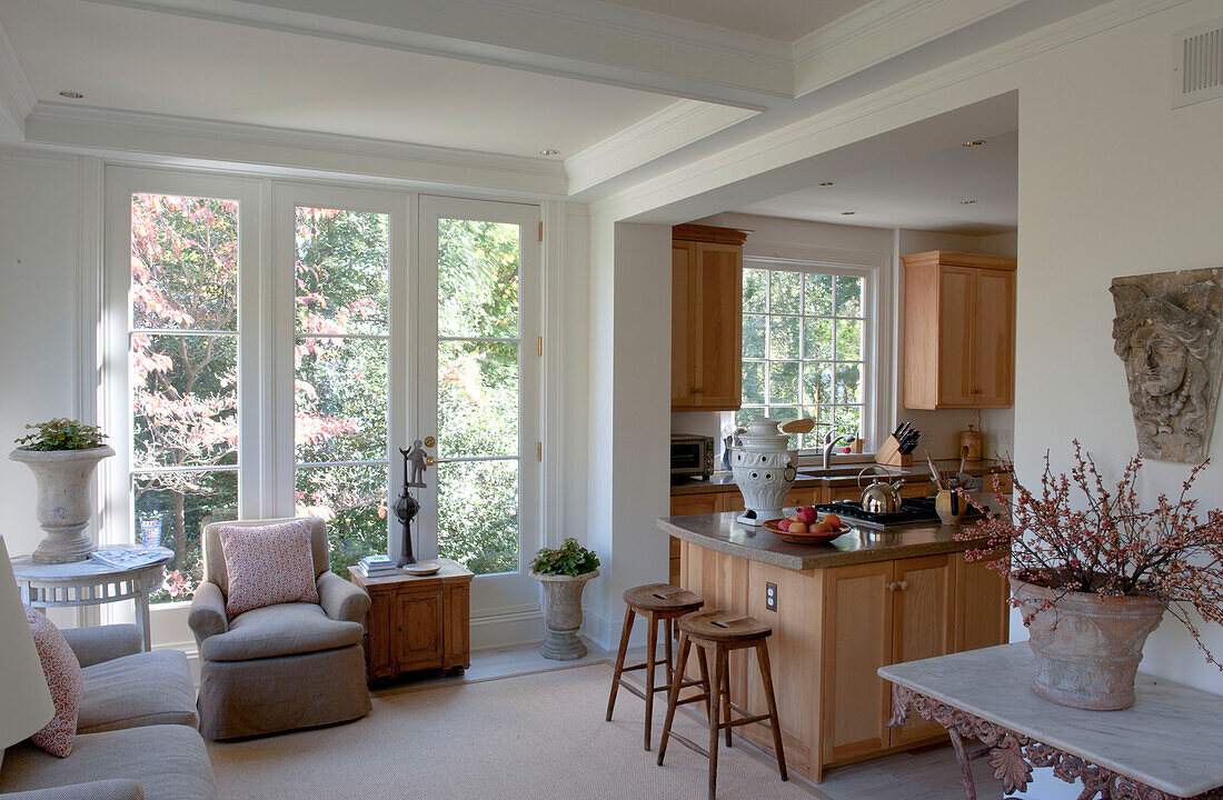 Open plan kitchen and living area with doors to garden in contemporary Washington DC home,  USA