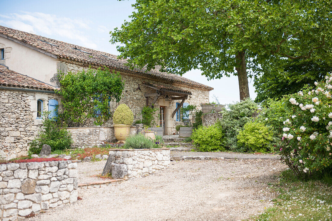 Gefliestes Bauernhaus unter einem Baum mit Zufahrtsweg in Lotte et Garonne Frankreich