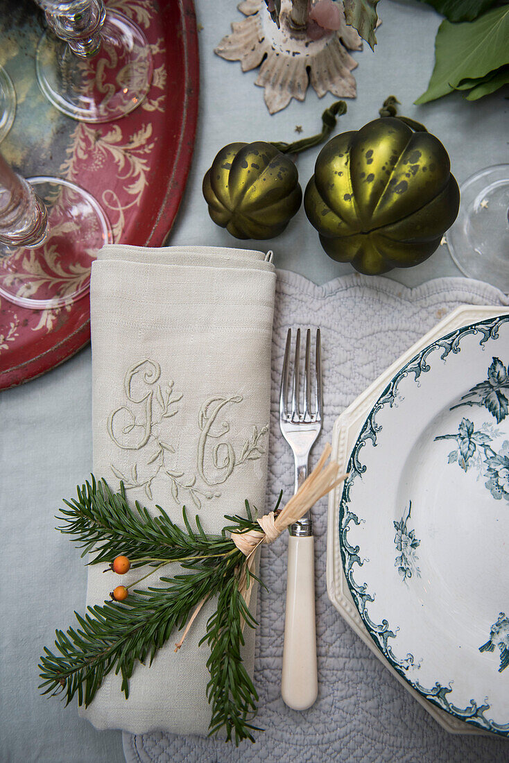 Napkin and decorations at place setting in  East Sussex coach house  England  UK