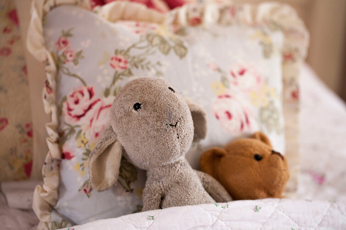 Soft toys and pillows in Amberley bedroom West Sussex UK