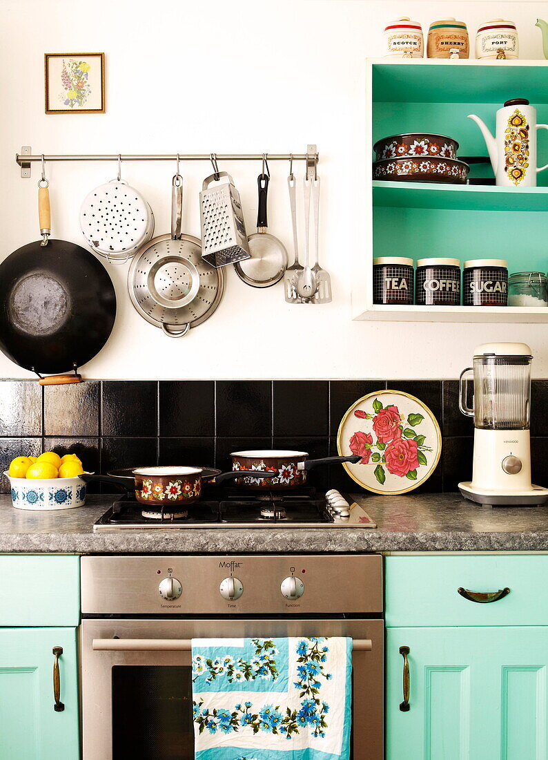 Retro style kitchen detail in Birmingham home  England  UK