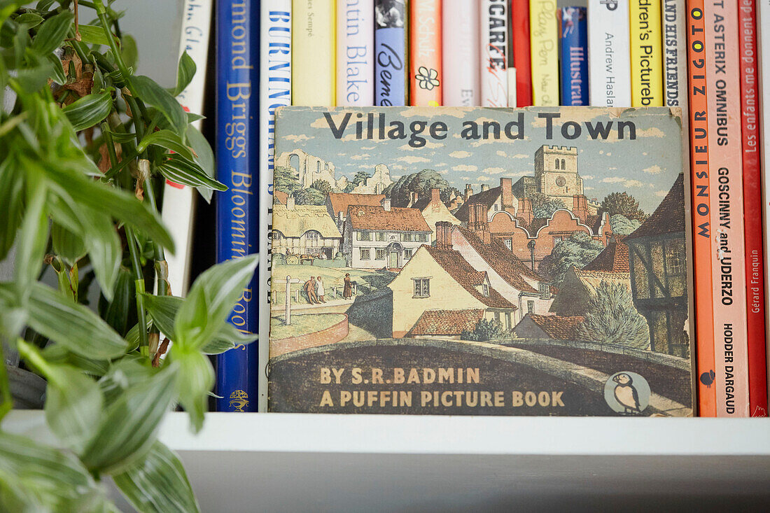 'Village and Town' vintage book with houseplant on shelf in Berwick Upon Tweed home  Northumberland  UK