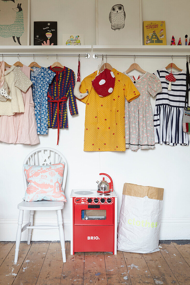 Assorted tops hang on rail in Sheffield home  Yorkshire  UK