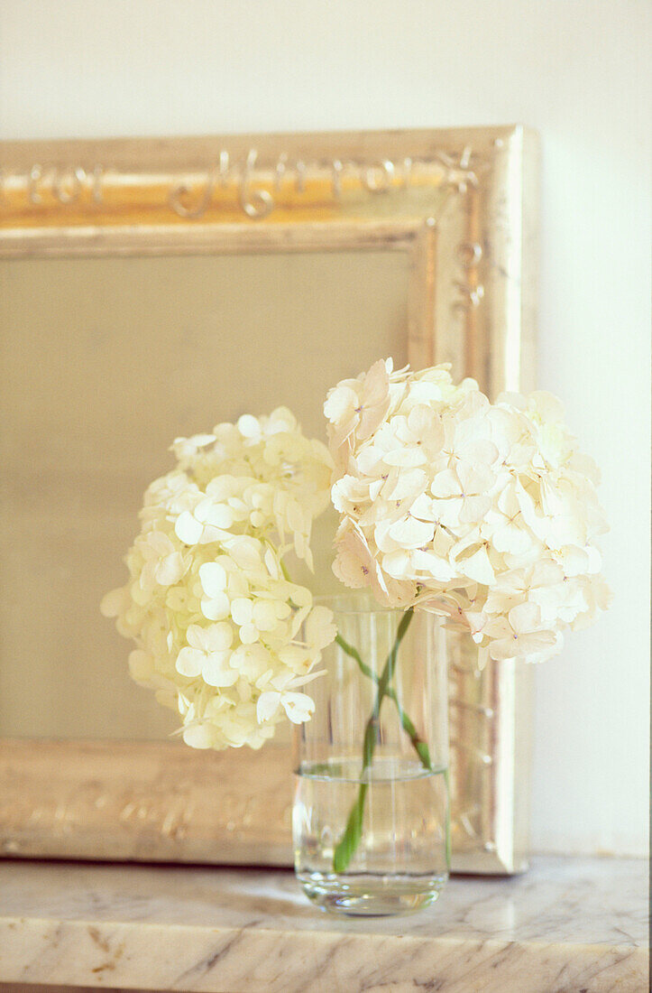 Detail of frame on marble mantel with white hydrangea flowers