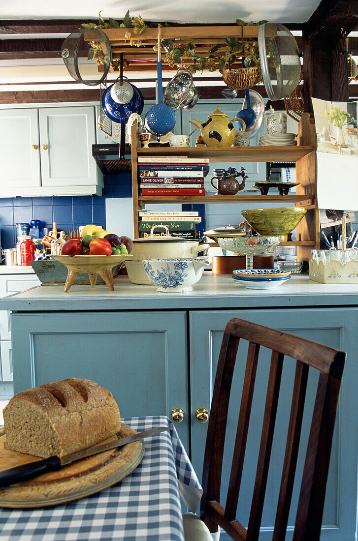 Fresh bread on table of Suffolk cottage kitchen