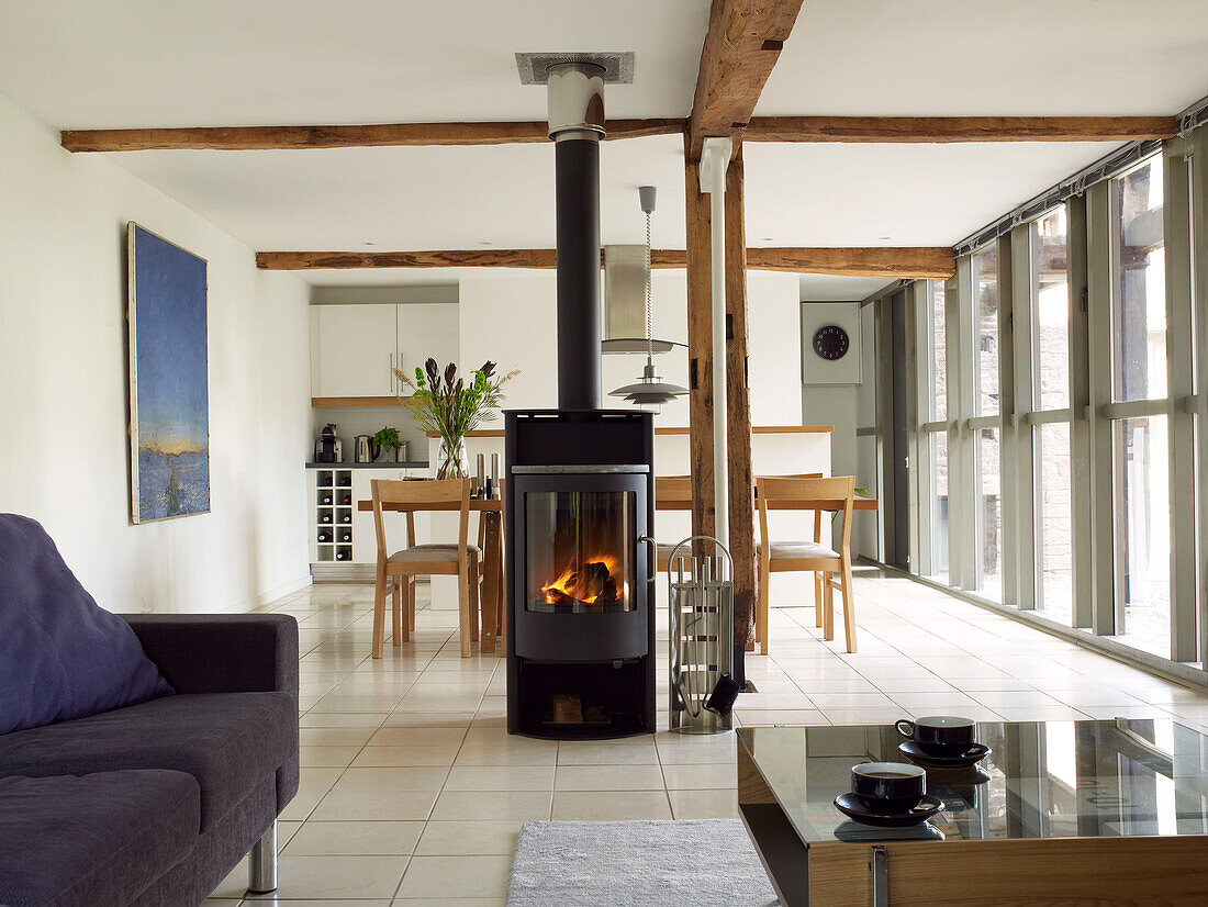 Fireplace modern dining room and kitchen behind