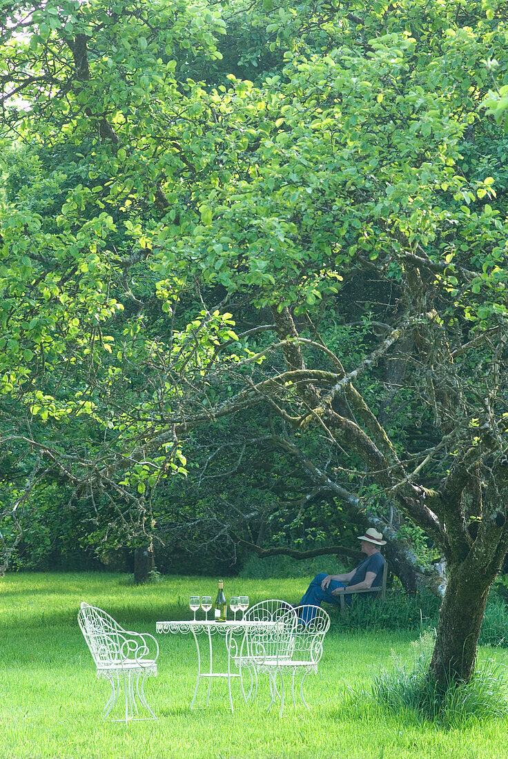 Man in sunhat sits in orchard with wine bottles on table