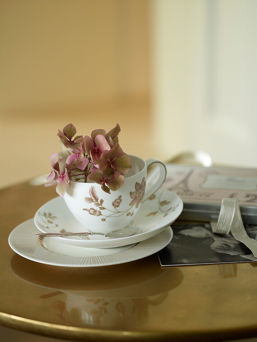 Detail of cup and saucer on a gold painted tabletop