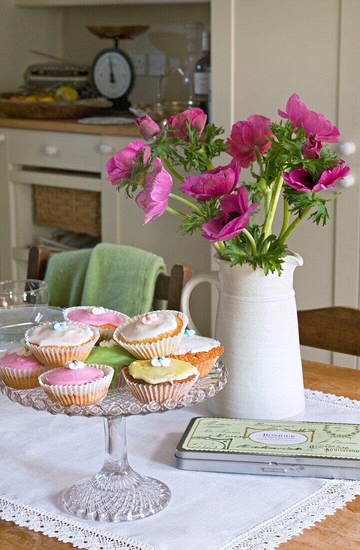 Dessert on table decorated with fresh flowers