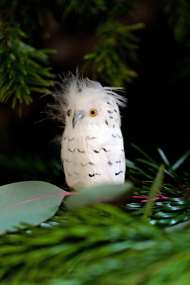 Owl decoration with leaves in Paris apartment, France