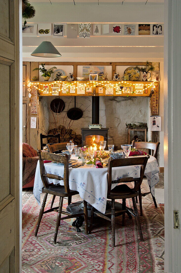 Table set for Christmas dinner in farmhouse, Cornwall, England, UK