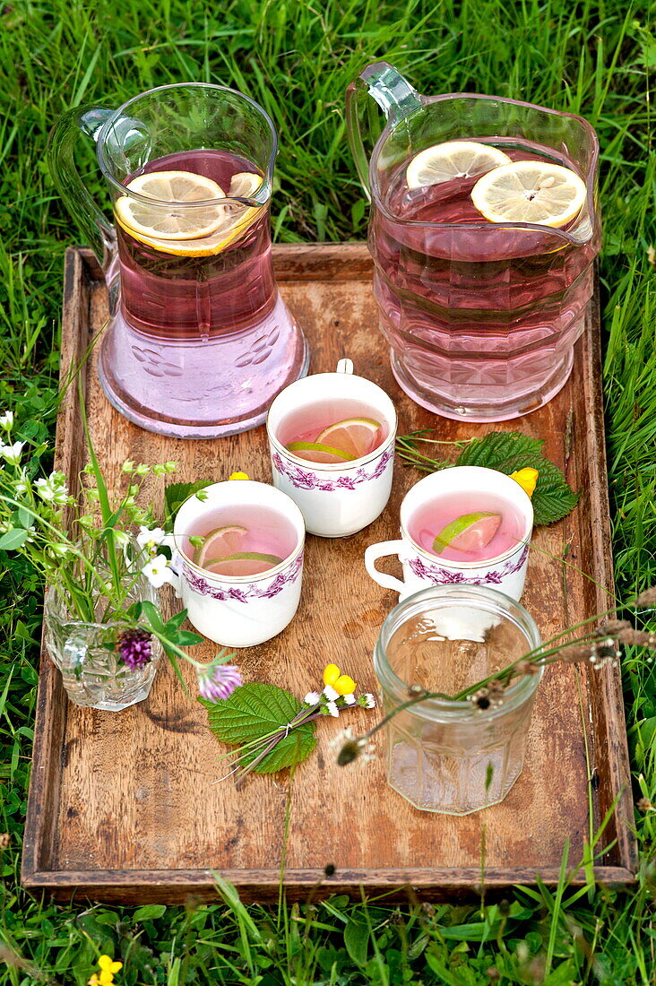 Tablett mit Tassen und rosa Limonade in Brecon, Powys, Wales, UK