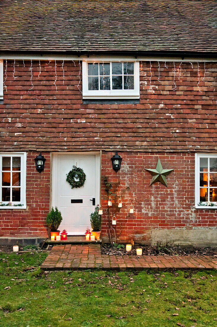 Front door and path to Shropshire cottage, England, UK