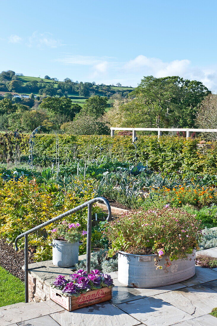 Paved terrace and kitchen garden in rural garden, Blagdon, Somerset, England, UK