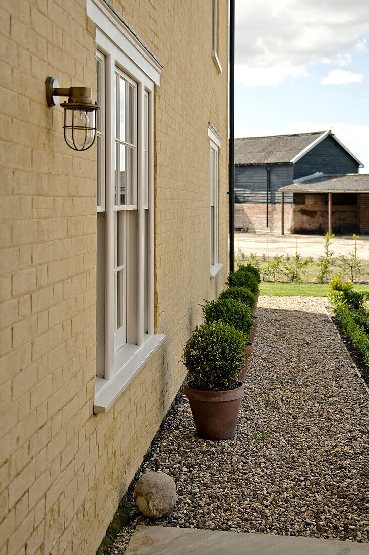 Pot plants on gravel exterior of Suffolk country house, England, UK