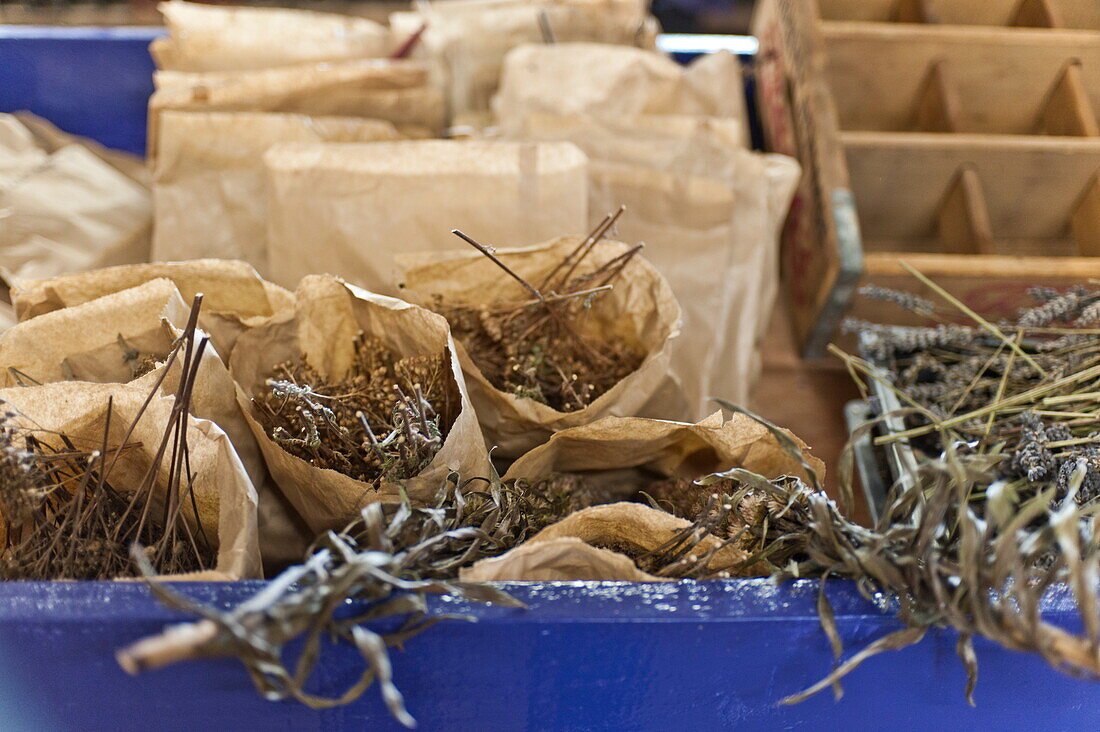 Dried herbs in paper bags in garden shed interior, Blagdon, Somerset, England, UK
