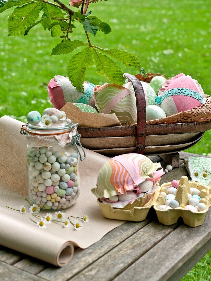 Easter eggs and daisies on Sussex garden table UK