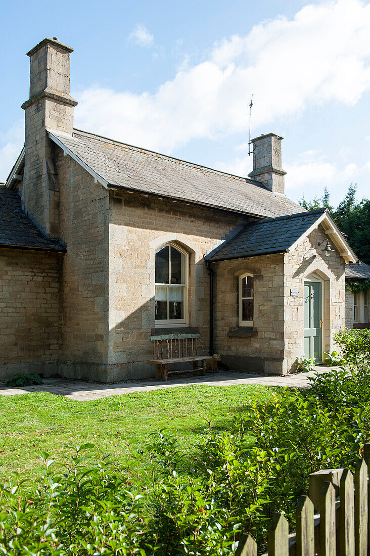 Porch entrance to old stone church conversion in Stamford Lincolnshire England UK