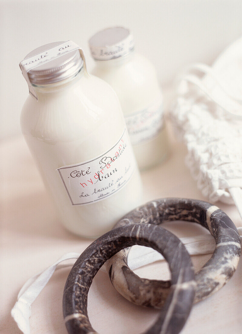 Bathroom toiletries with stone bracelets