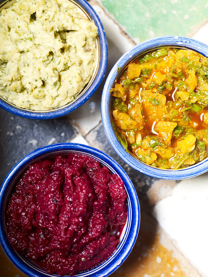 Three side dishes in bowls Morocco North Africa