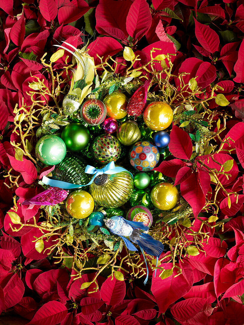 Assorted green and yellow baubles with bird ornaments on Poinsettia Scotland UK