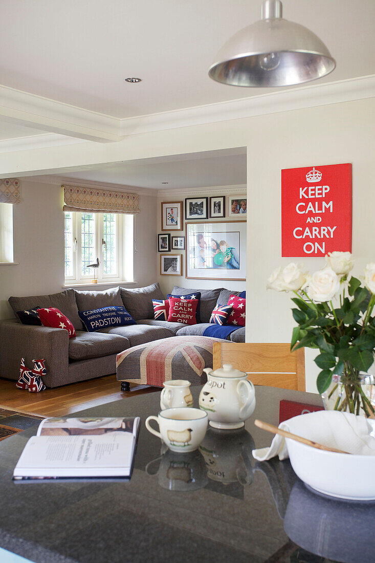 Sofas at window in open plan living space of Smarden home Kent England UK