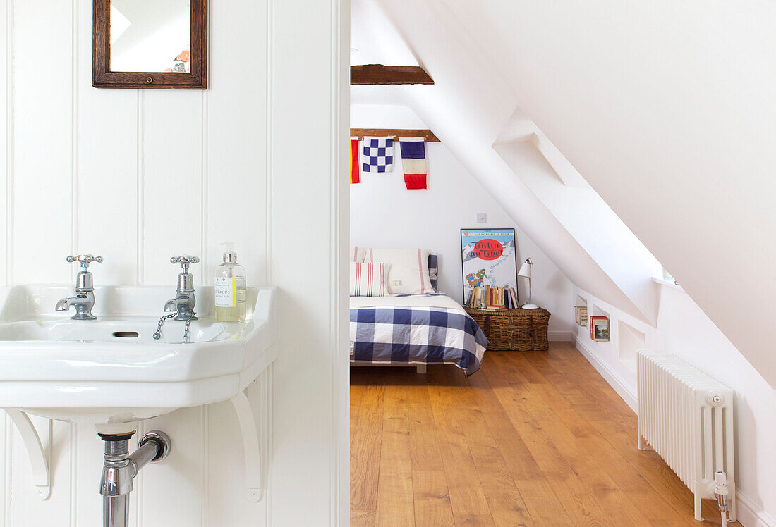 Ensuite bathroom in attic bedroom of Emsworth beach house Hampshire England UK