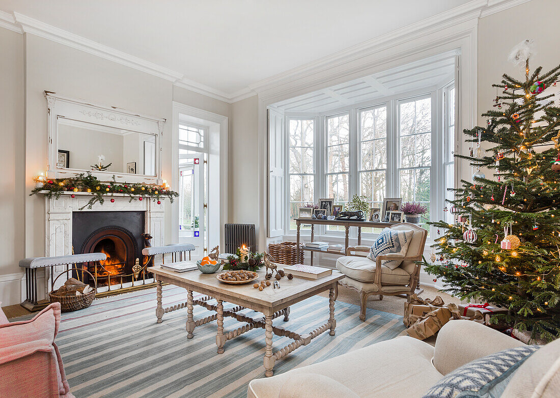 Christmas tree and garland in 1820s Warehorne rectory living room with lit fire Kent UK