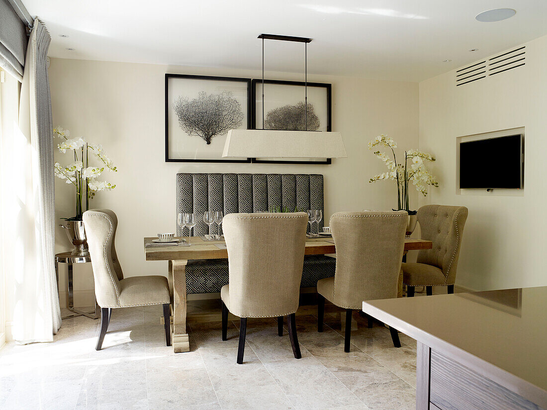 Upholstered chairs and orchids at dining table table in London townhouse, UK