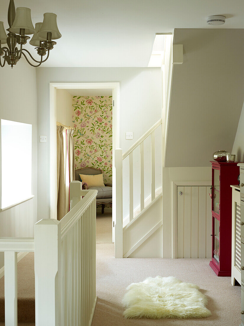 Pelzteppich und roter Schrank auf dem Flur eines Cottages in Oxfordshire, England, UK