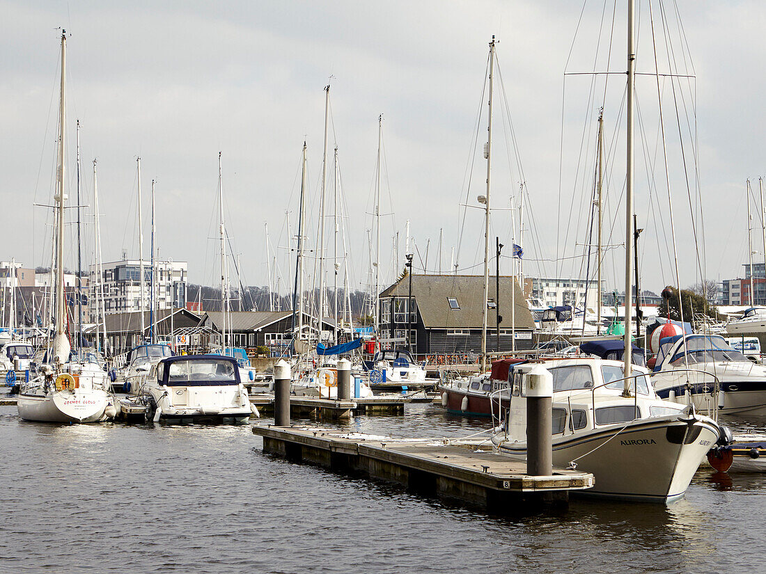 Yachts moored at jetty in Ipswich harbour, Suffolk, England, UK