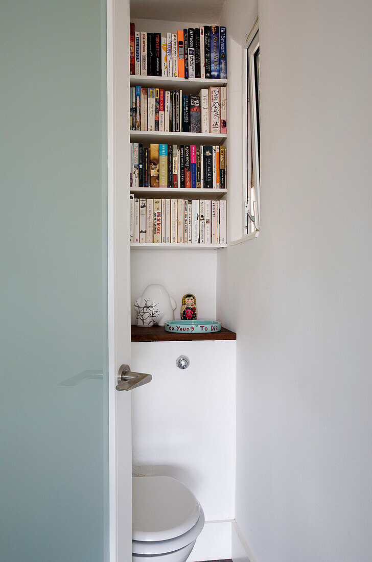 Bookcase above toilet in London home UK