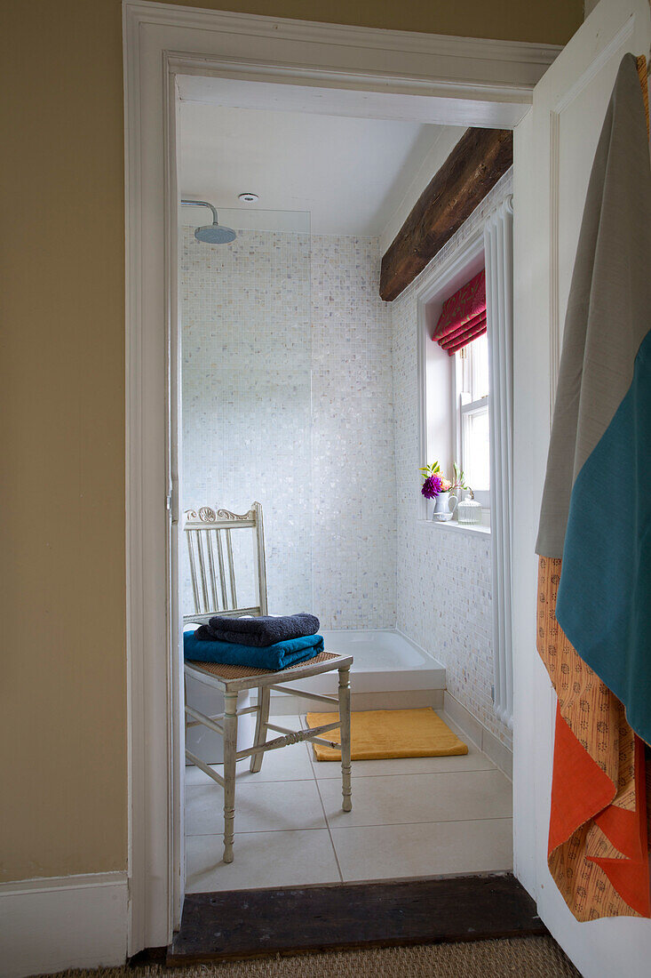 View through doorway into bathroom of London home,  England,  UK