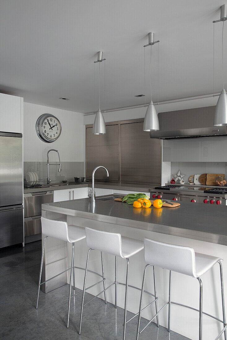 Vegetables in stainless steel worktop in contemporary Sussex kitchen, England, UK