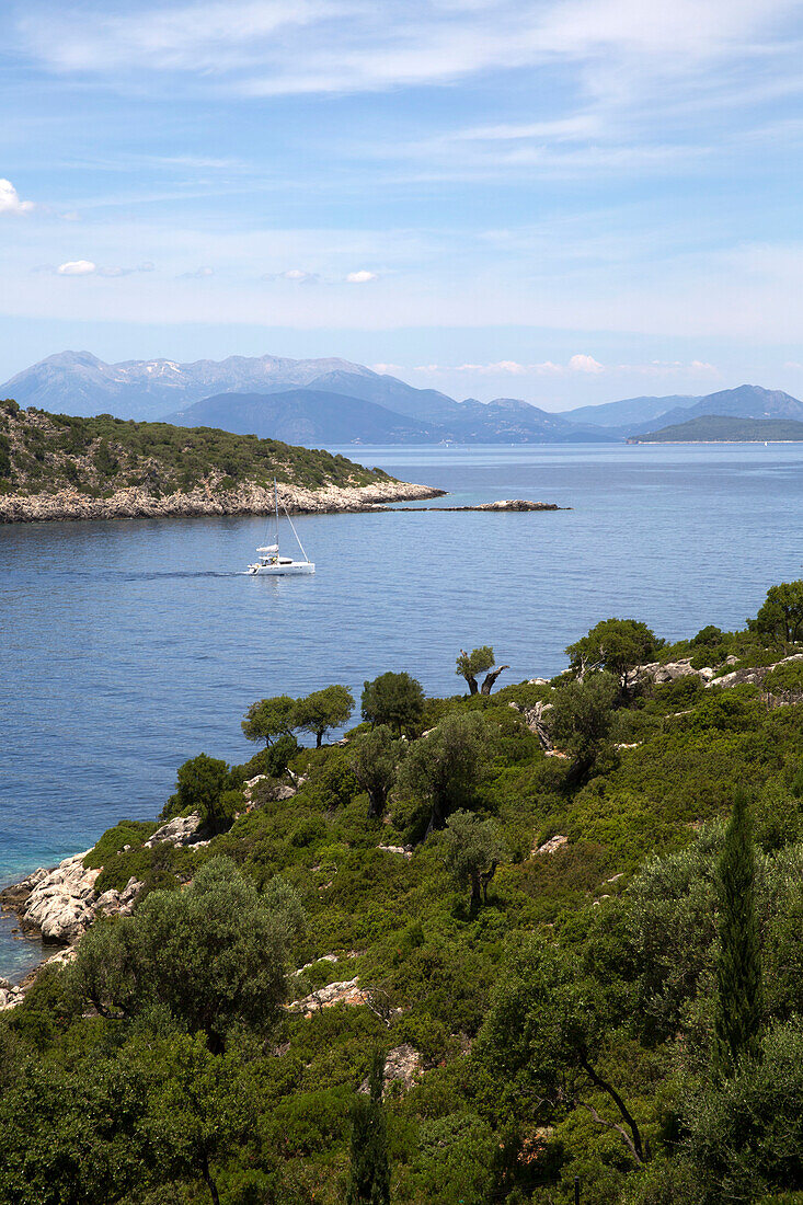 Sailing boat on Aegean sea from Greek island of Ithaca