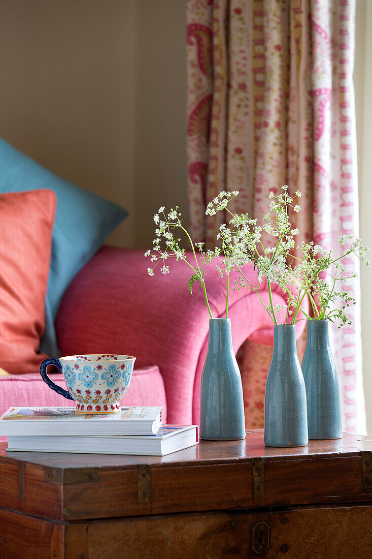 Einstielige Vasen mit Teetasse auf Büchern im Wohnzimmer eines unter Denkmalschutz stehenden georgianischen Landhauses (Grade II) in Shropshire England UK