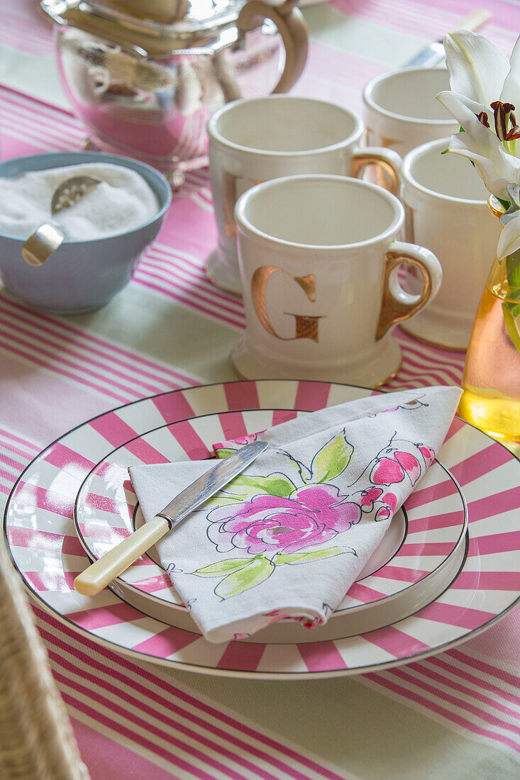 Knife and napkin on striped pink plate in Georgian rectory Northamptonshire England UK