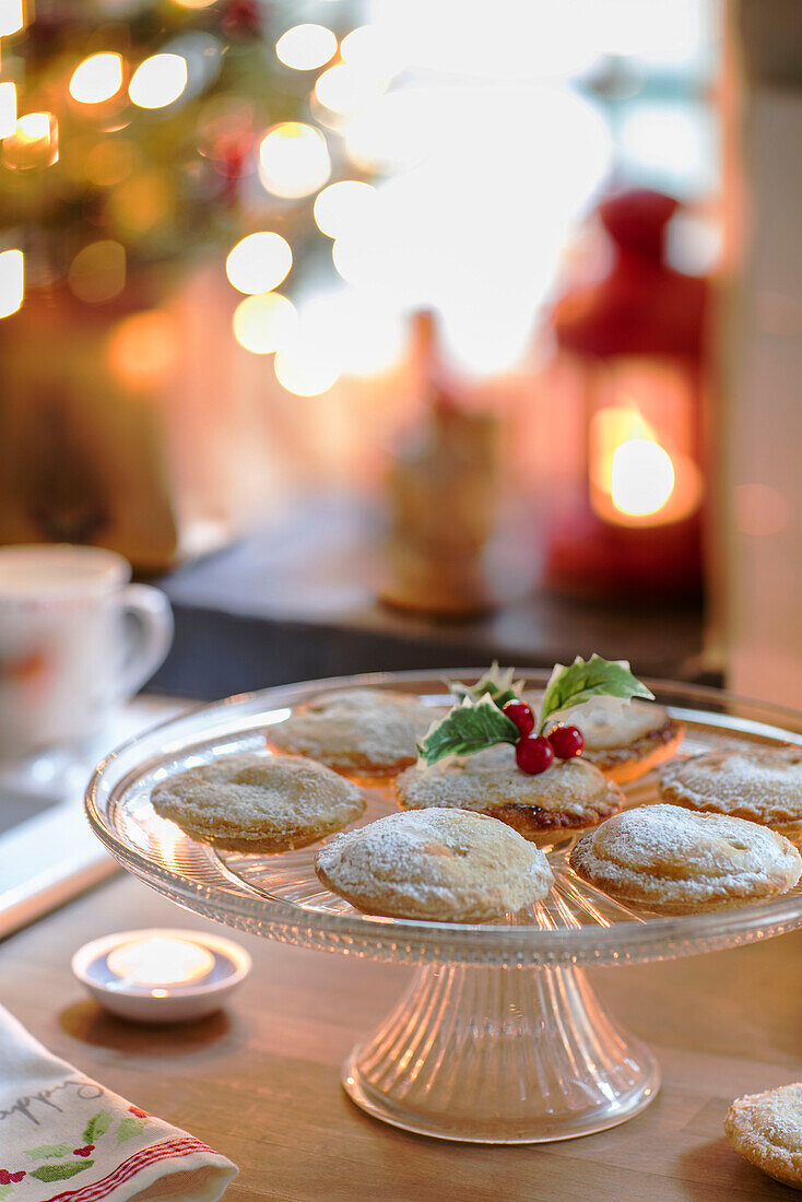 Mince pies on glass cake stand in Georgian cottage kitchen Liverpool UK
