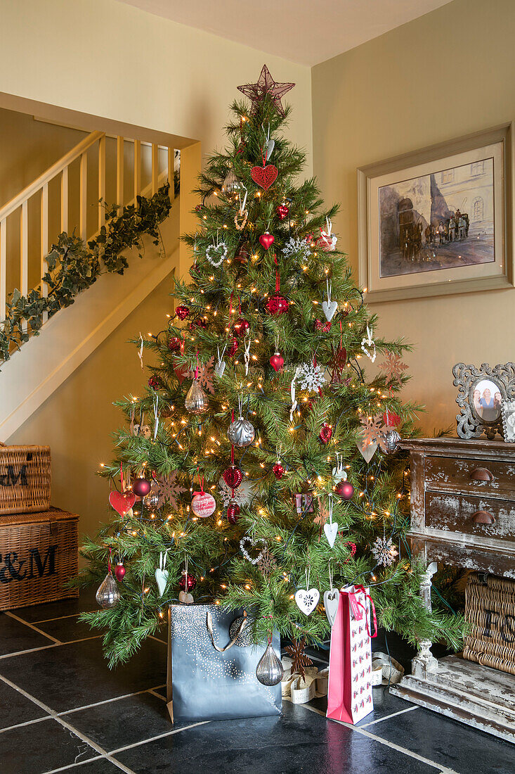 Christmas tree in tiled hallway of detached Hampshire renovation