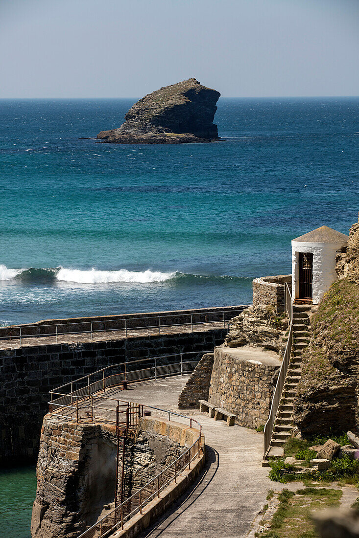 Harbour wall and view to sea Cornwall UK