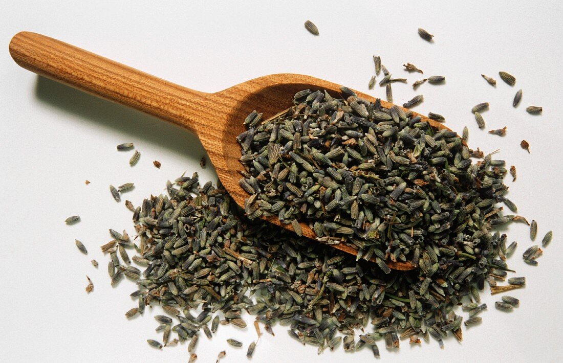 Dried lavender flowers on wooden scoop